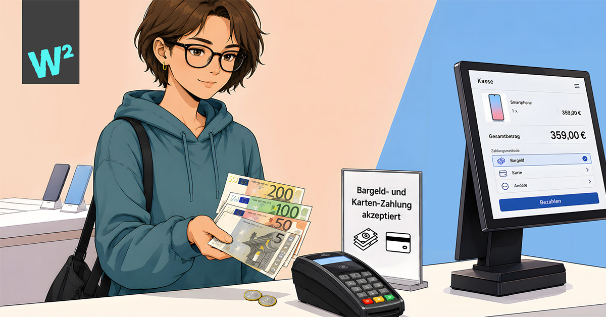 Anna, eine junge Frau, die an der Kasse steht und in der linken Hand Geldscheine hält.